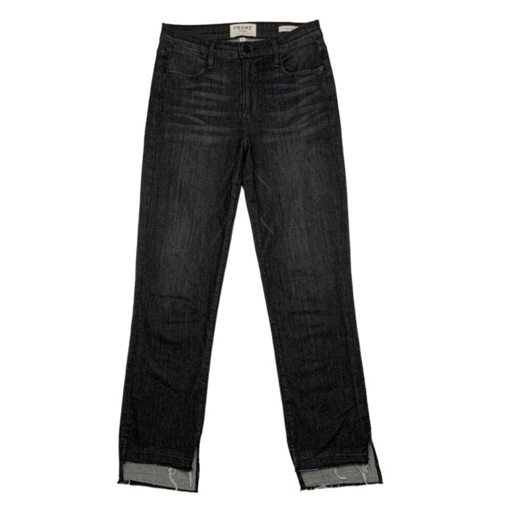 Frame Denim Le High Straight Slit Jeans 25 Ironsides Charcoal Washed Raw Hem